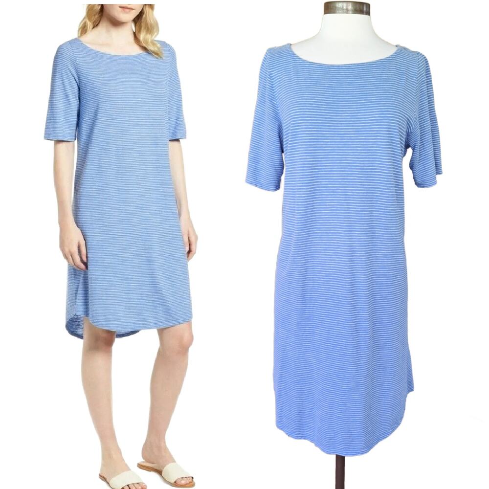 EILEEN FISHER Blue Bell Stripe T-shirt Dress  Hemp Organic Cotton Medium Casual